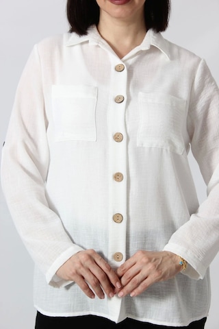 Moda Berray Bb-077 Beyaz Pamuk Keten Kolu Apoletli İki Cepli Kadın Büyük Beden Gömlek Beyaz