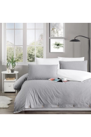 Çift Kişilik %100 Pamuk Ranforce Düğmeli Nevresim Takımı Lastikli Çarşaflı 200x220 Cm Gri Gri