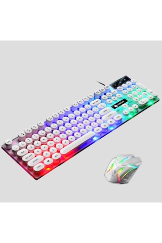 Lımeıde Gtx300 104 Tuşlu Retro Yuvarlak Tuş Kapağı Usb Kablolu Mouse Klavye, Kablo Uzunluğu: 1.4m, Renk: Punk Set Beyaz