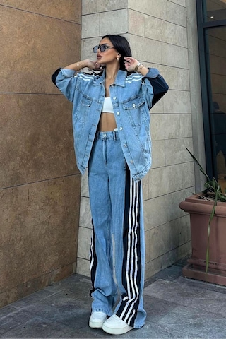 Kadın Siyah Kot Garnili Yanı Şeritli Palazzo Alt Üst Takım Çok Renkli