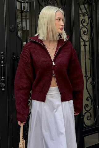 Madmext Bordo Çift Fermuarlı Kadın Triko Hırka Mg2532 Bordo