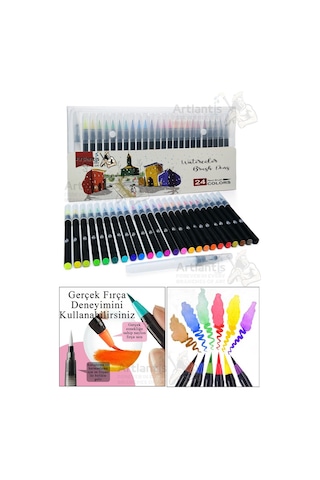 24 Renk Sulu Boya Fırça Uçlu Kalem 1 Paket 24 Lü Watercolors Brush Pen Suluboya Keçe Uçlu Karıştırma Fırçası Çok Renkli