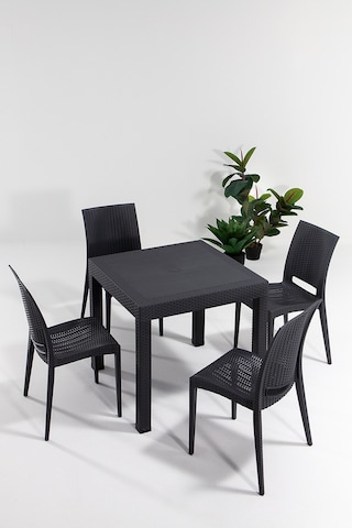 Rattan 80x80 Bahçe&Balkon&Teras Masa Seti - Antrasit Siyah