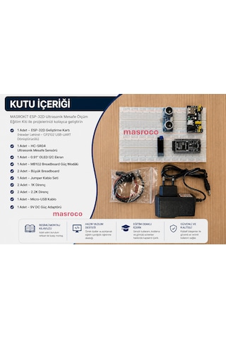 Masrokit Esp32-d Geliştirme Kartlı Ultrasonik Mesafe Ölçüm Eğitim Kiti Önceden Programlanmış