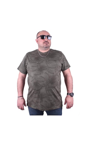Starbattal Büyük Beden Sıfır Yaka Tişört Palm Leaf 23148 Hakı-Hakı Çok Renkli