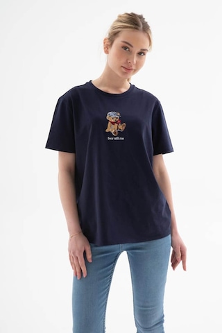 Fashion Friends Ayıcık Nakışlı Bisiklet Yaka Lacivert Kadın T-shirt 25y1000k1 Lacivert