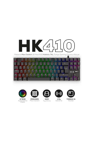 Hk410 Mekanik Switch 19 Mod Rgb Kablolu Siyah Tkl Türkçe Gaming Klavye Mavi Switch