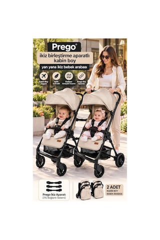 Prego İkiz Apartlı Birleşip Ayrılan Yan Yana İkiz Kabin Boy Bebek Arabası Bej1