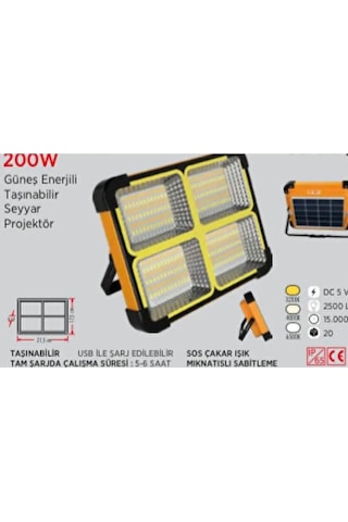 Ycl Ysp-2000 Taşınabilir Seyyar Usb Şarjlı 200w Güneş Enerjili Led Projektör Modlu Işık