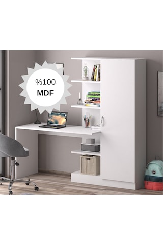 Mdf Narin Raflı Dolaplı Çalışma Masası Beyaz