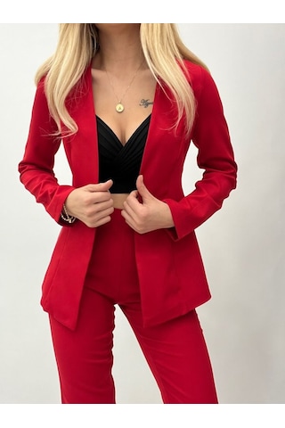 Efnaz Style Kadın Atlas Kumaş Ceket Pantolon Takım Kırmızı