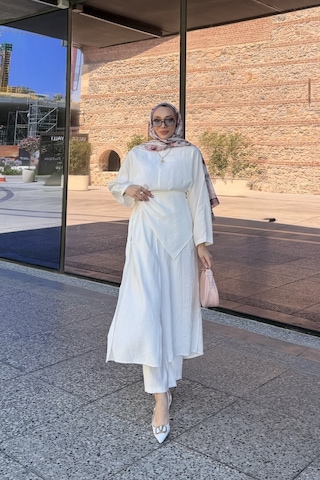Riella Butik Nehir Üçlü Tesettür Takım Beyaz