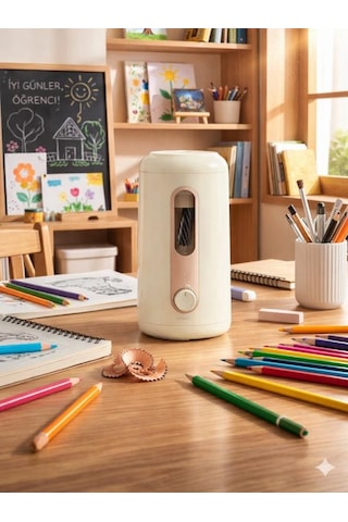 Va10 Bej Şarjlı Otomatik Elektrikli Kalemtıraş 2000mah 5 Kademe Uç Ayarlı, 6.9-12mm Jumbo Uyumlu, Type-c, Geniş Hazneli