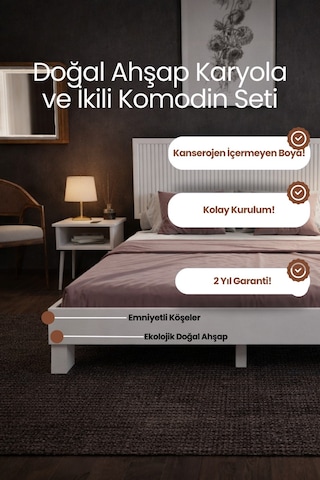 Alaz Dikey Çizgili Başlıklı Masif Doğal Ahşap Karyola Ve 2 Adet Komodin Seti