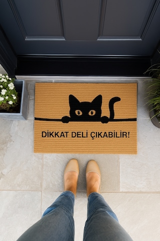 Kedili Paspas Kapı Önü Paspası Kitty Kapı Önü Kaymaz Paspas Dikkat Deli Çıkabilir Paspas Açıkkahverengi - Bej