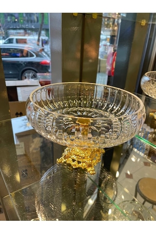Paşabahçe Lotus Kristal 24 Cm Kesme Dekor Gold Ayak Salata Kasesi Cam Sunumluk- Servis Tabağı