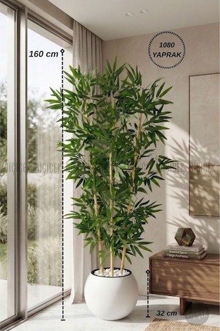 Biçiçek Yapay Bambu Ağacı 160 Cm Beyaz Küre Saksıda