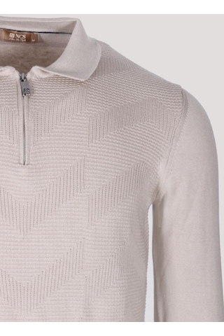 Erkek Polo Yaka Triko Bej Slim Fit Yarım Fermuarlı Balık Sırt Desenli Pamuklu Kazak Ncs Jeans 3006-bej Bej