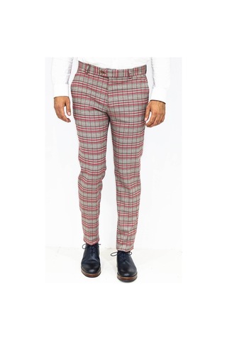 Wessi Kırmızı Ekose Desenli Slim Fit Gri Erkek Pantolon Gri