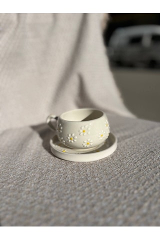 El Yapımı Seramik Kupa, Mug, Türk Kahvesi Bardağı Papatya Desen