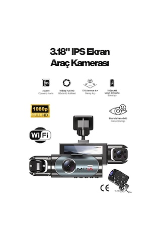 3 Lens Wifi Araç İçi Kamera Ön + Arka + İç Kamera 1080p Hd, Geniş Açı, Gece Görüşü Döngü Türkçe