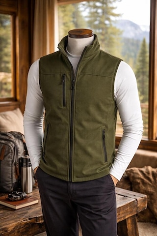 Vatan Tekstil Dik Yaka Slim Fit 3 Cepli Softshell Erkek Yelek Su İtici Kumaş Haki