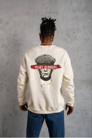 Barlashive Erkek 3 İplik Pamuklu Bisiklet Yaka Baskılı Oversize Sweatshirt - Beyaz Çok Renkli