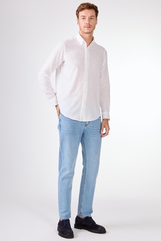 Beyaz Keten Düz Renk Regular Fit Erkek Gömlek Beyaz