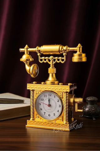 Vintage Telefon Model Nostaljik Dekoratif Masa Saati Gold Çalar Saat Altın, 7480000717325 Çok Renkli