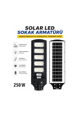 Solar 250w Led Armatür Güneş Enerjili Kumandalı Sokak Bahçe Dış Mekan Duvar Aydınlatma Sistemi
