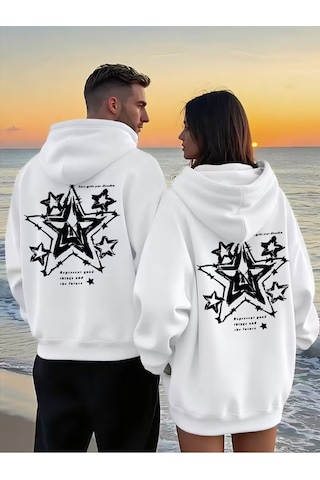 Nevermınd Yıldız Desenli Baskılı Hoodie - Trend Sevgili Kombini Oversize 3 İplik Sweatshirt 2'li Set Beyaz Beyaz