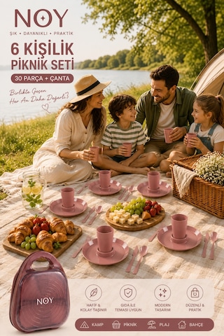 Piknik Seti Piknik Sepeti Konforu Sunan 6 Kişilik 30 Parça Çantalı Piknik Tabak Seti Pudra