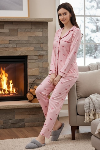 Remsa Kadın Kalp Desenli Önü Düğmeli Yumuşak Milan Kumaş Pijama Takımı 250356 Pembe Pembe