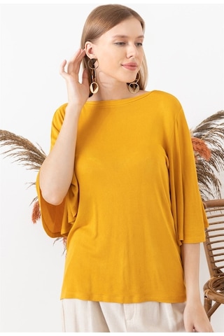 Aqe Fashion Kadın Hardal Kolu Volanlı Kayık Yaka Bluz-Hardal