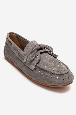 Luvishoes Cuesta Gri Süet Hakiki Deri Troklu Bağcıklı Kadın Loafer Ayakkabı