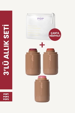 Yanak Ve Dudak Renklendirici Stick Allık Seti 3 Renk Allık Ve Makyaj Çantası Çok Renkli
