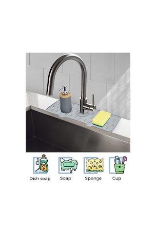 Mucit Home Silikon Musluk Matı Su Geçirmez Lavabo Kenar Damlatmaz Altlık Düzenleyici Mat Gri