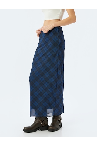 Koton Yüksek Bel Slim Fit Ekoseli Astarlı Midi Kalem Etek Lacivert Ekose 5wal70060ık Lacivert