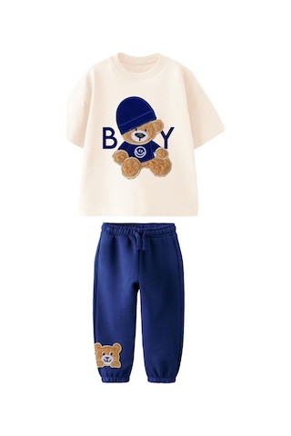 Lolliboomkids Yeni Sezon Erkek Çocuk Peluş Ayıcık Detaylı T-shirt Eşofman 2 Parça Alt Üst Takım Lacivert