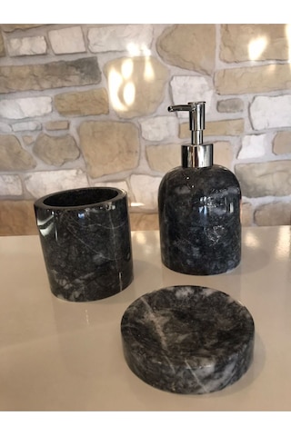 Siyah Dalgalı Mermer 3'lü Banyo Seti Beyaz