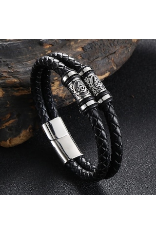 Punk Erkekler Viking Tarzı Deri Bileklik Örgülü Çok Katmanlı Paslanmaz Çelik İskandinav Rünleri Bilezikler Çift Takı Hediye Siyah