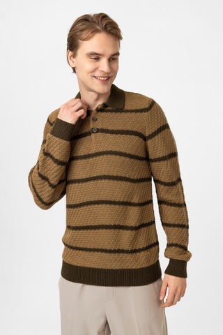 Back&bond Bej Regular Fit Çizgili Yünlü Polo Yaka Triko Kazak Camel