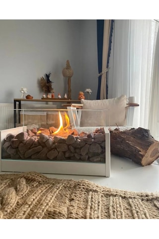 Masa Üstü Şömine Metal Beyaz - Taşlı Yakıt Hediyeli