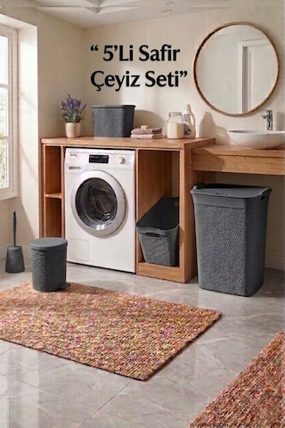 5'li Safir Çamaşır Sepeti Seti Örgü Desenli Antrasit