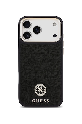Apple Uyumlu iPhone 17 Pro Max Kılıf Guess Lisanslı M-safeli Grained Yazı Ve Taşlı 4g Logolu Kapak Siyah Siyah