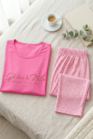 Mataş Kadın Desenli Bambu Viskon Uzun Kollu Soft Örme Mevsimlik Yumuşak Pijama Takımı Pembe