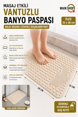 Mainshop 1 Adet Vantuzlu Banyo Ve Duş Kaydırmazı Duşa Kabin Küvet Içi Paspası Balık Desenli 35 X 68 Cm M-10 Bej