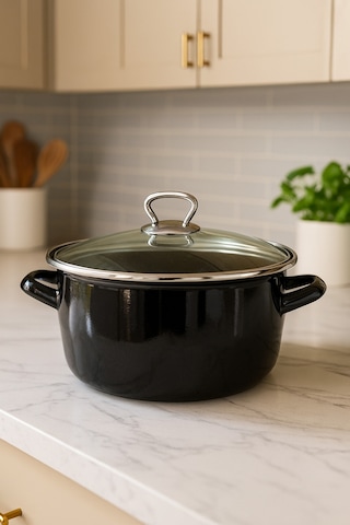 Makri Home 3.5 L Emaye Tencere, 22cm, Iç Dış Emaye Kaplama, Cam Kapaklı, Kızartma Telli, Siyah Siyah