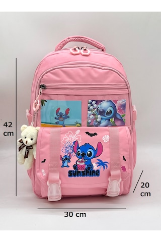 Stitch Desen Aksesuarlı Kore Tarzı Termal Beslenmeli Ve Kalemlikli Kız Çocuk Okul Sırt Çantası Seti Pembe