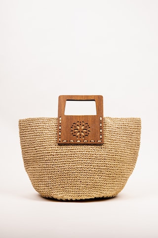 Fabric Craft Bag El Çantası Örgü Kağıt İp Ahşap Saplı Kadın Çanta 40x25 Cm Açık Kahverengi